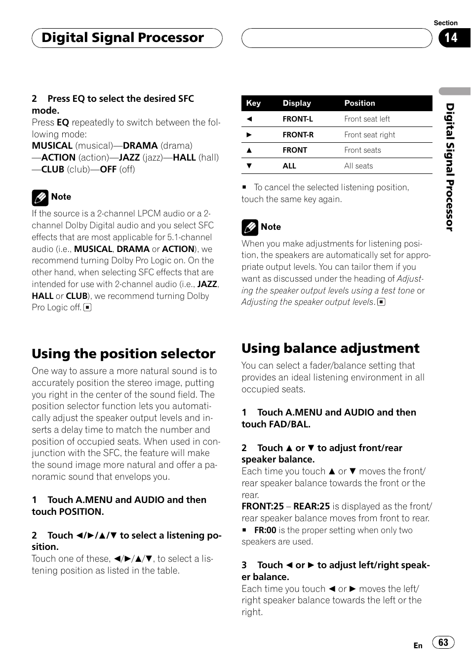 Using the position selector, Using balance adjustment, Digitalsignalprocessor | Pioneer Super Tuner III D AVH-P6550DVD User Manual | Page 63 / 96