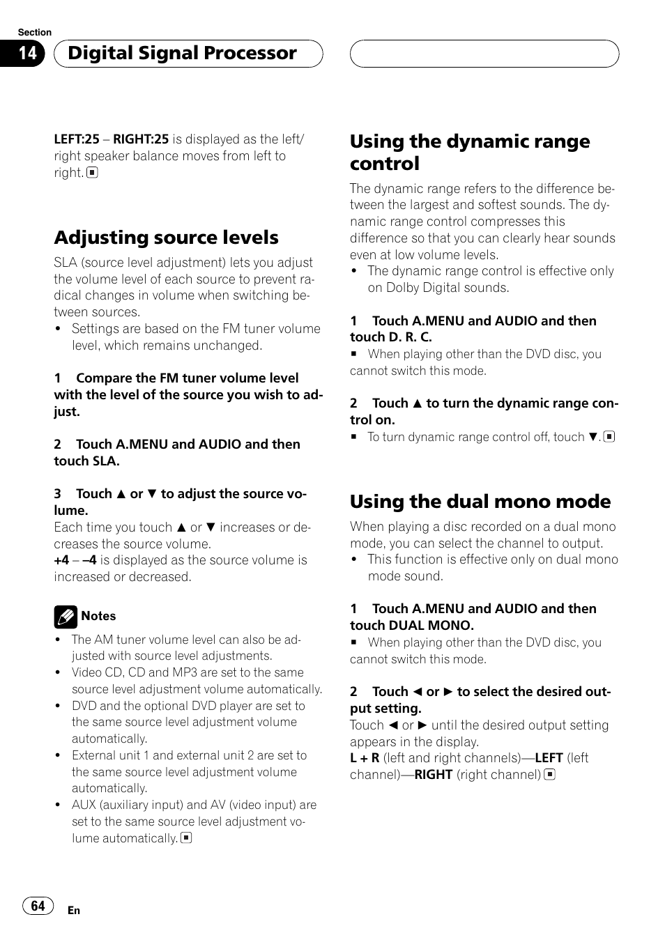 Adjusting source levels, Using the dynamic range control, Using the dualmono mode | Digitalsignalprocessor | Pioneer Super Tuner III D AVH-P6550DVD User Manual | Page 64 / 96