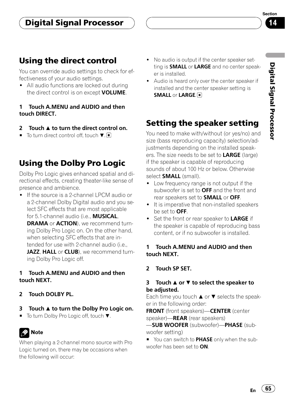 Setting the speaker setting, Using the direct control, Using the dolby pro logic | Digitalsignalprocessor | Pioneer Super Tuner III D AVH-P6550DVD User Manual | Page 65 / 96