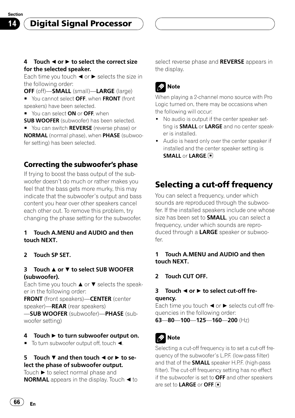 Selecting a cut-off frequency 66, Selecting a cut-off frequency, Digitalsignalprocessor | Correcting the subwoofers phase | Pioneer Super Tuner III D AVH-P6550DVD User Manual | Page 66 / 96