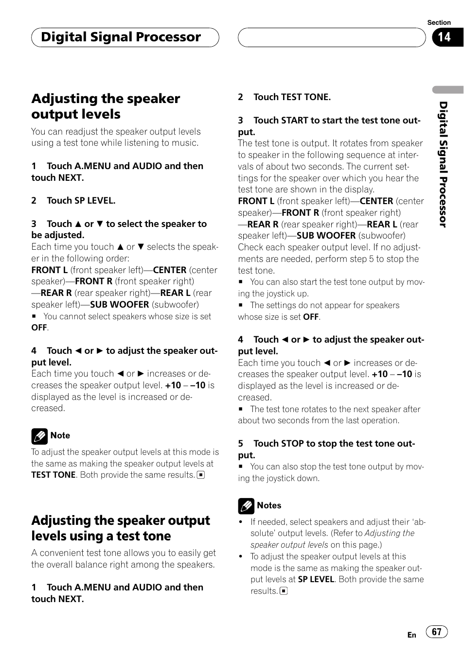 Test tone 67, Adjusting the speaker output levels using a, Test tone | Adjusting the speaker output levels, Digitalsignalprocessor | Pioneer Super Tuner III D AVH-P6550DVD User Manual | Page 67 / 96