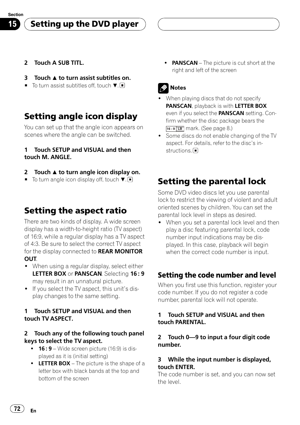 Setting angle icon display, Setting the aspect ratio, Setting the parentallock | Setting up the dvd player, Setting the code number and level | Pioneer Super Tuner III D AVH-P6550DVD User Manual | Page 72 / 96