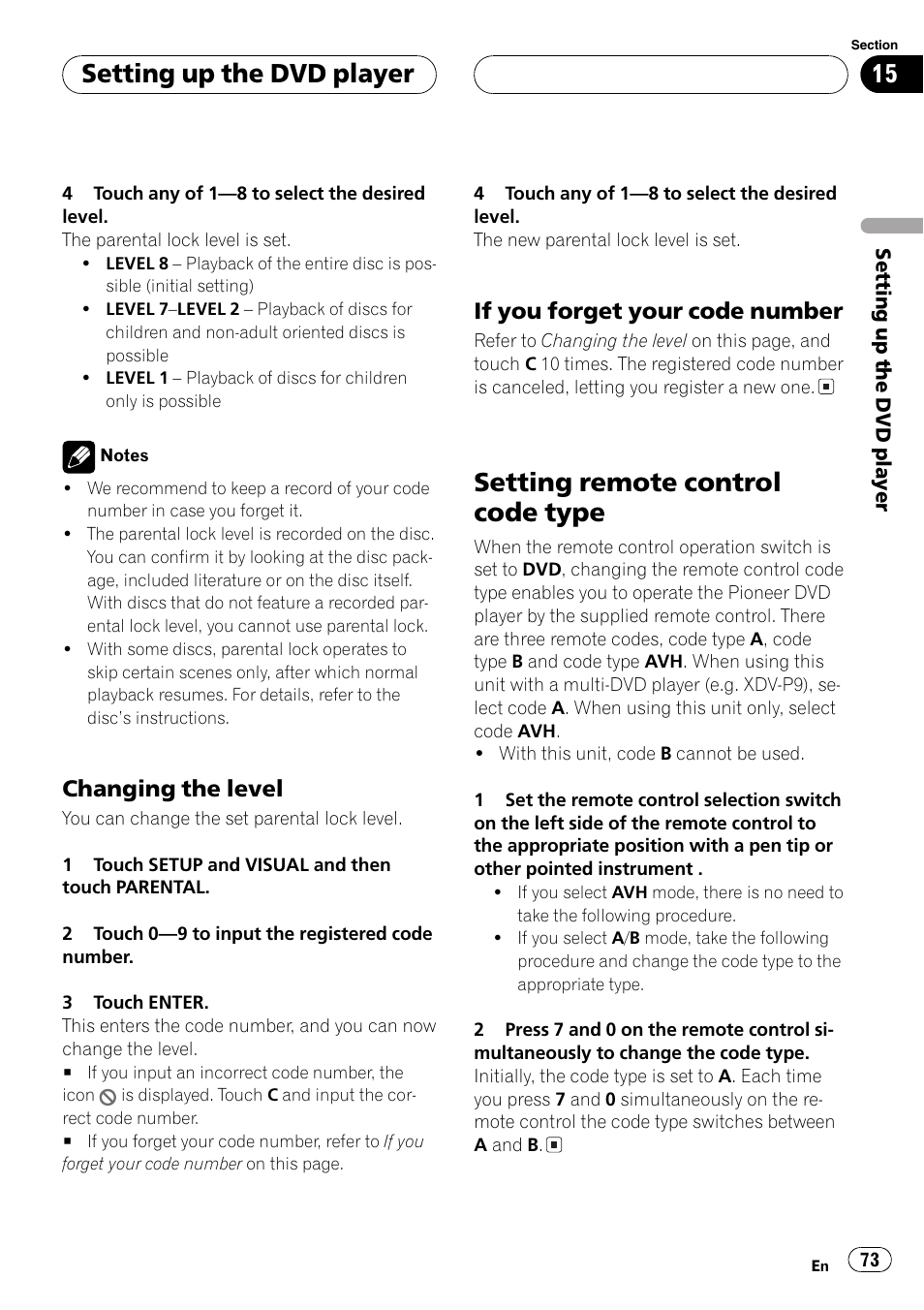 Setting remote control code type 73, Setting remote, Setting remote control code type | Setting up the dvd player, Changing the level, If you forget your code number | Pioneer Super Tuner III D AVH-P6550DVD User Manual | Page 73 / 96