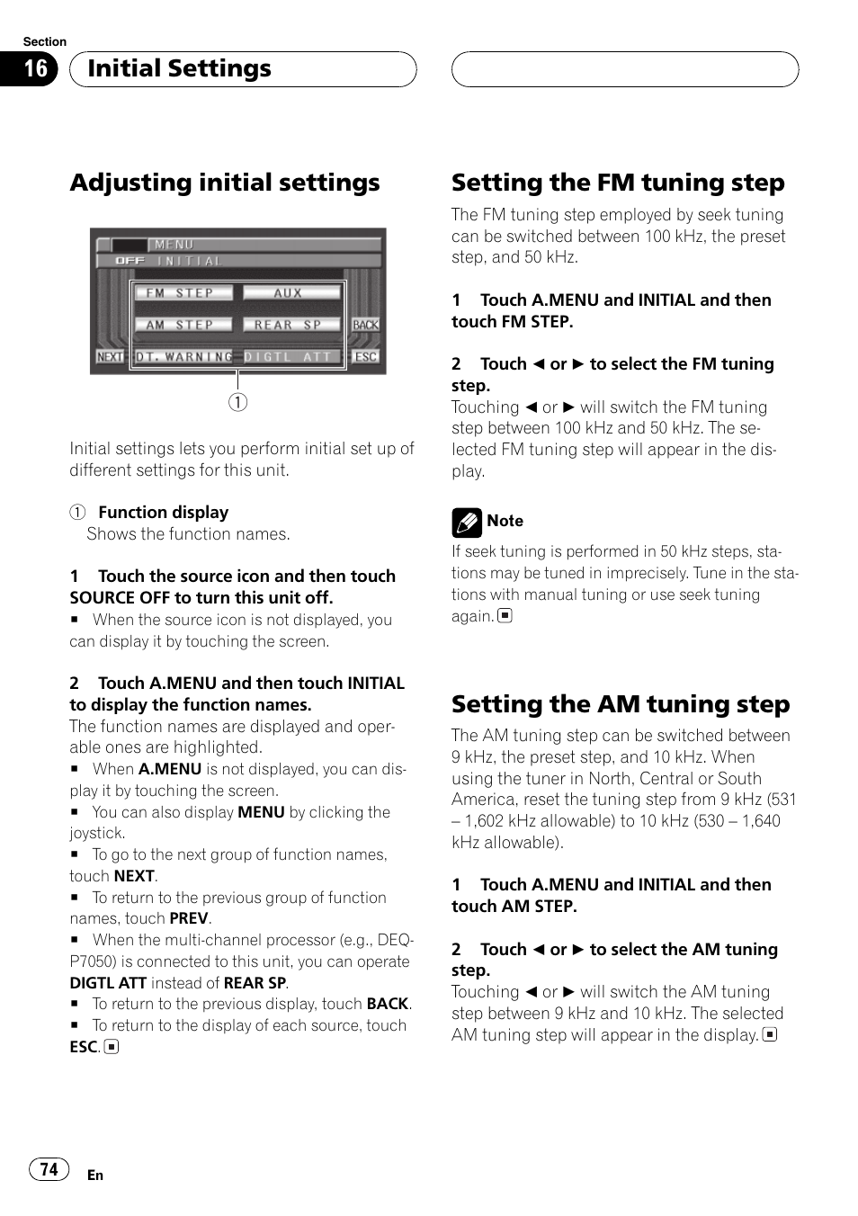 Adjusting initialsettings, Setting the fm tuning step, Setting the am tuning step | Initialsettings | Pioneer Super Tuner III D AVH-P6550DVD User Manual | Page 74 / 96