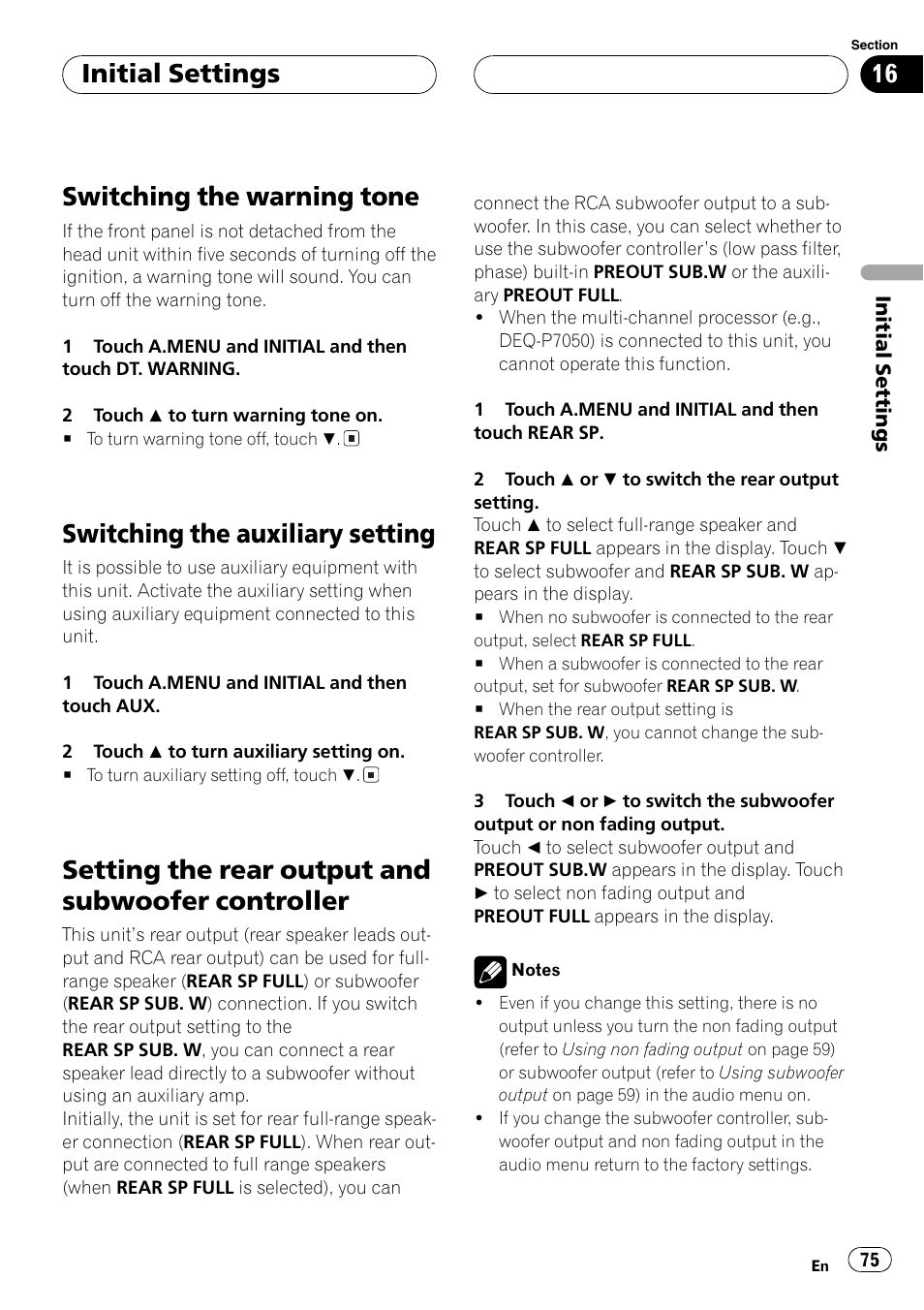 Switching the warning tone 75, Controller 75, Switching the warning tone | Switching the auxiliary setting, Setting the rear output and subwoofer controller, Initialsettings | Pioneer Super Tuner III D AVH-P6550DVD User Manual | Page 75 / 96