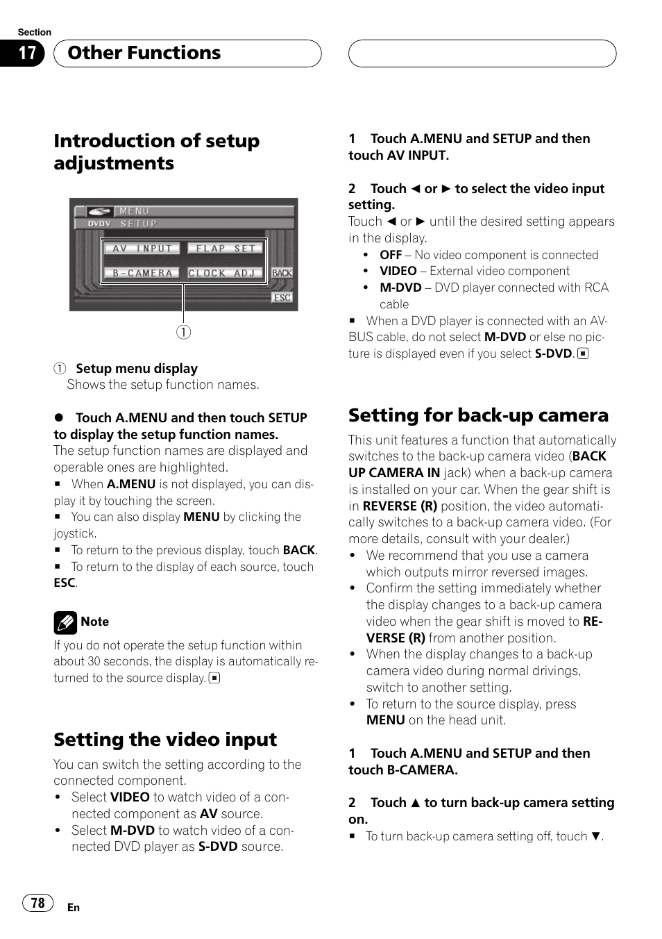 Introduction of setup adjustments, Setting the video input, Setting for back-up camera | Other functions | Pioneer Super Tuner III D AVH-P6550DVD User Manual | Page 78 / 96