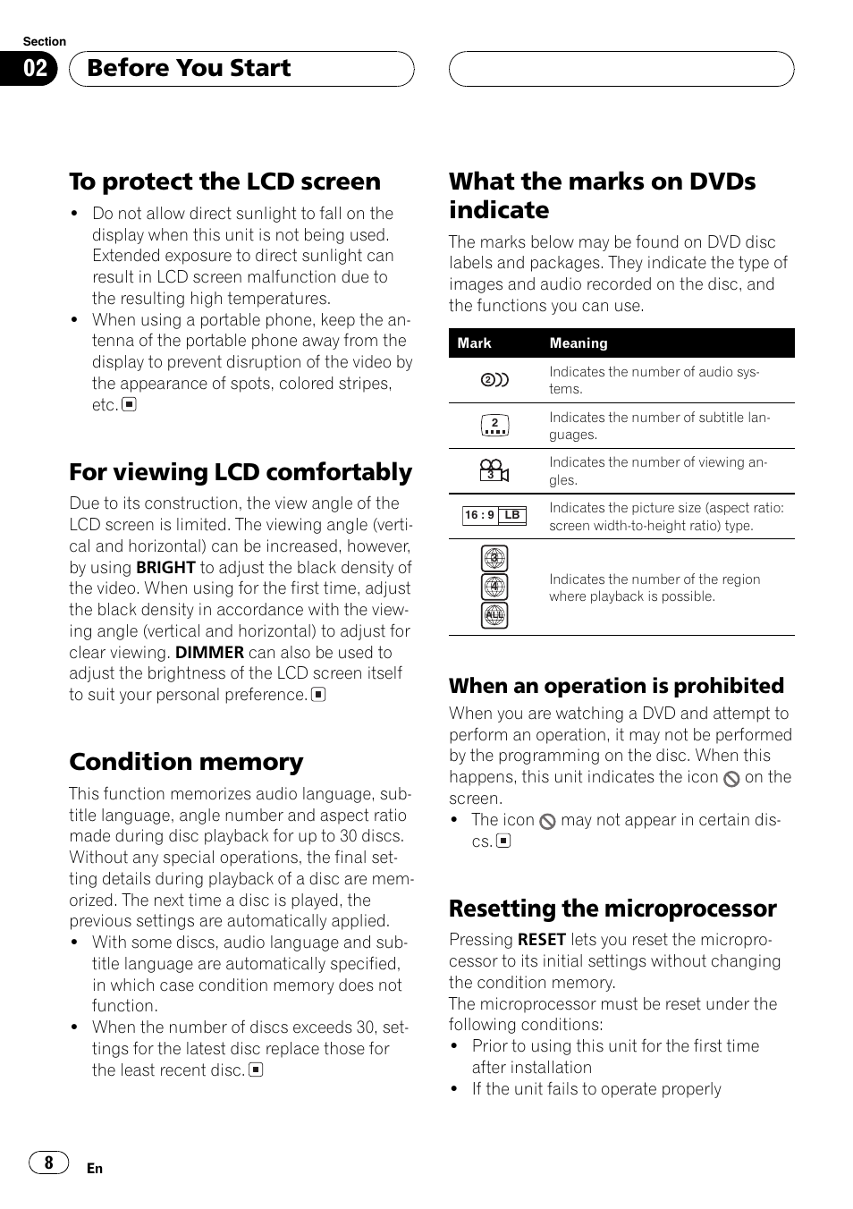 When an operation is prohibited 8, For viewing lcd comfortably, What the marks on dvds indicate | Resetting the microprocessor, Before you start, When an operation is prohibited | Pioneer Super Tuner III D AVH-P6550DVD User Manual | Page 8 / 96