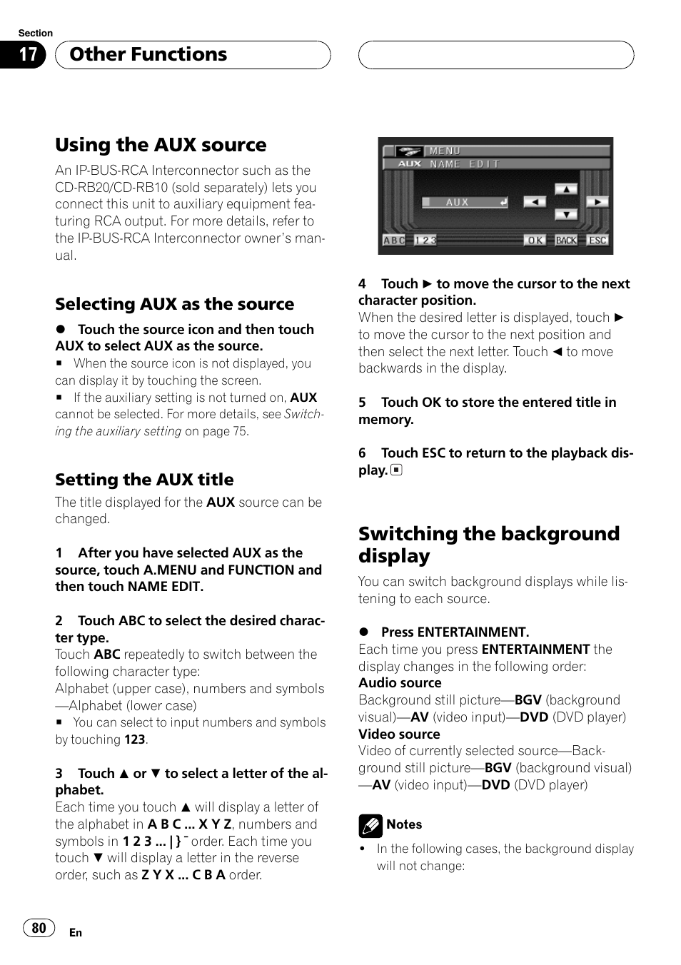 Using the aux source, Switching the background display, Other functions | Selecting aux as the source, Setting the aux title | Pioneer Super Tuner III D AVH-P6550DVD User Manual | Page 80 / 96