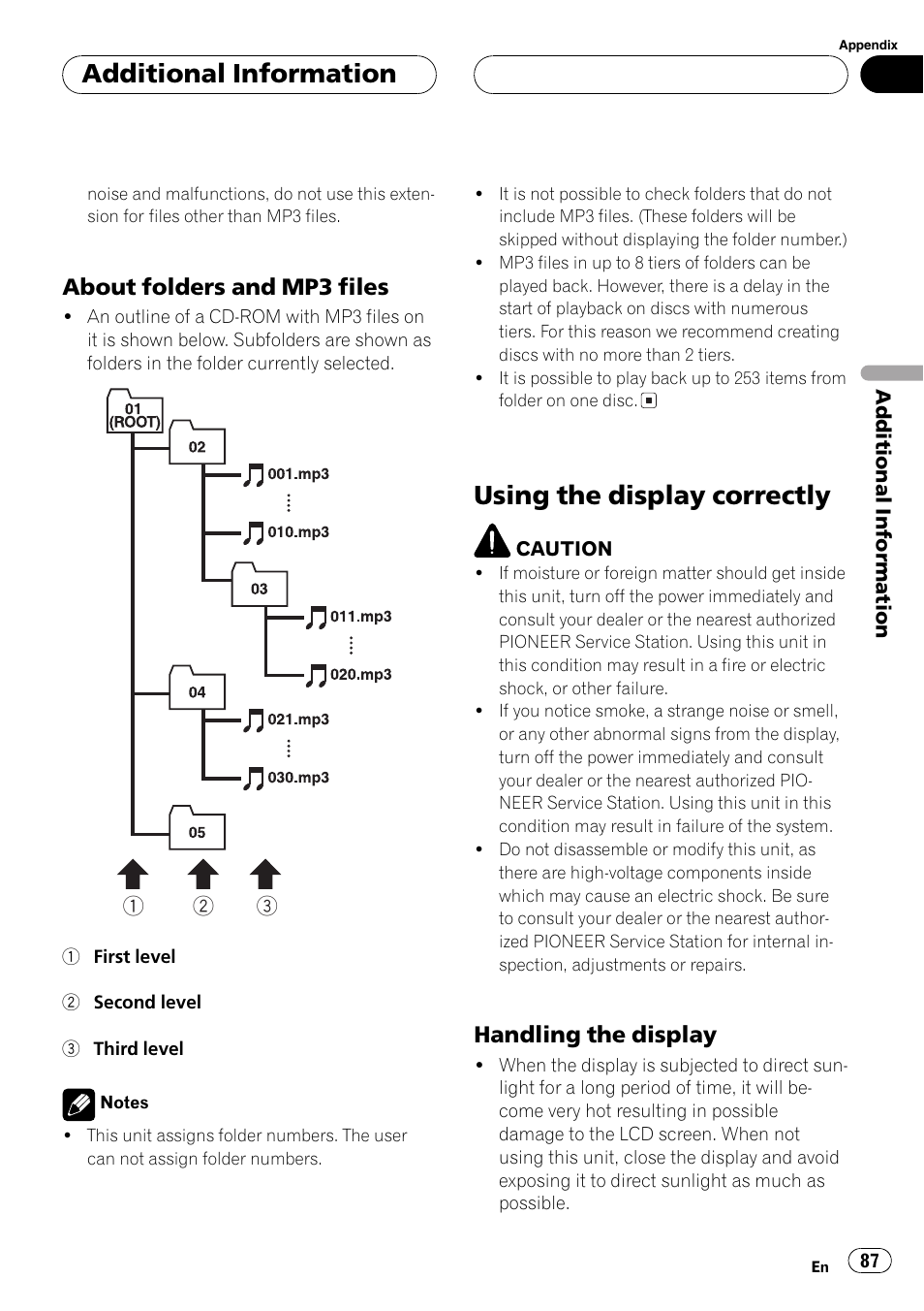 Using the display correctly 87, Using the display correctly, Additionalinformation | About folders and mp3 files, Handling the display | Pioneer Super Tuner III D AVH-P6550DVD User Manual | Page 87 / 96