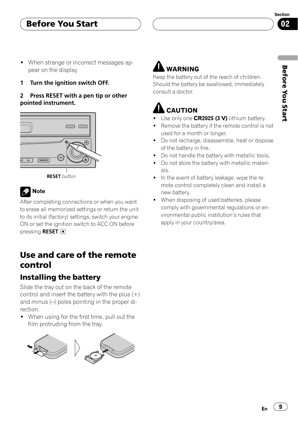 Use and care of the remote control 9, Use and care of the remote control, Before you start | Installing the battery | Pioneer Super Tuner III D AVH-P6550DVD User Manual | Page 9 / 96