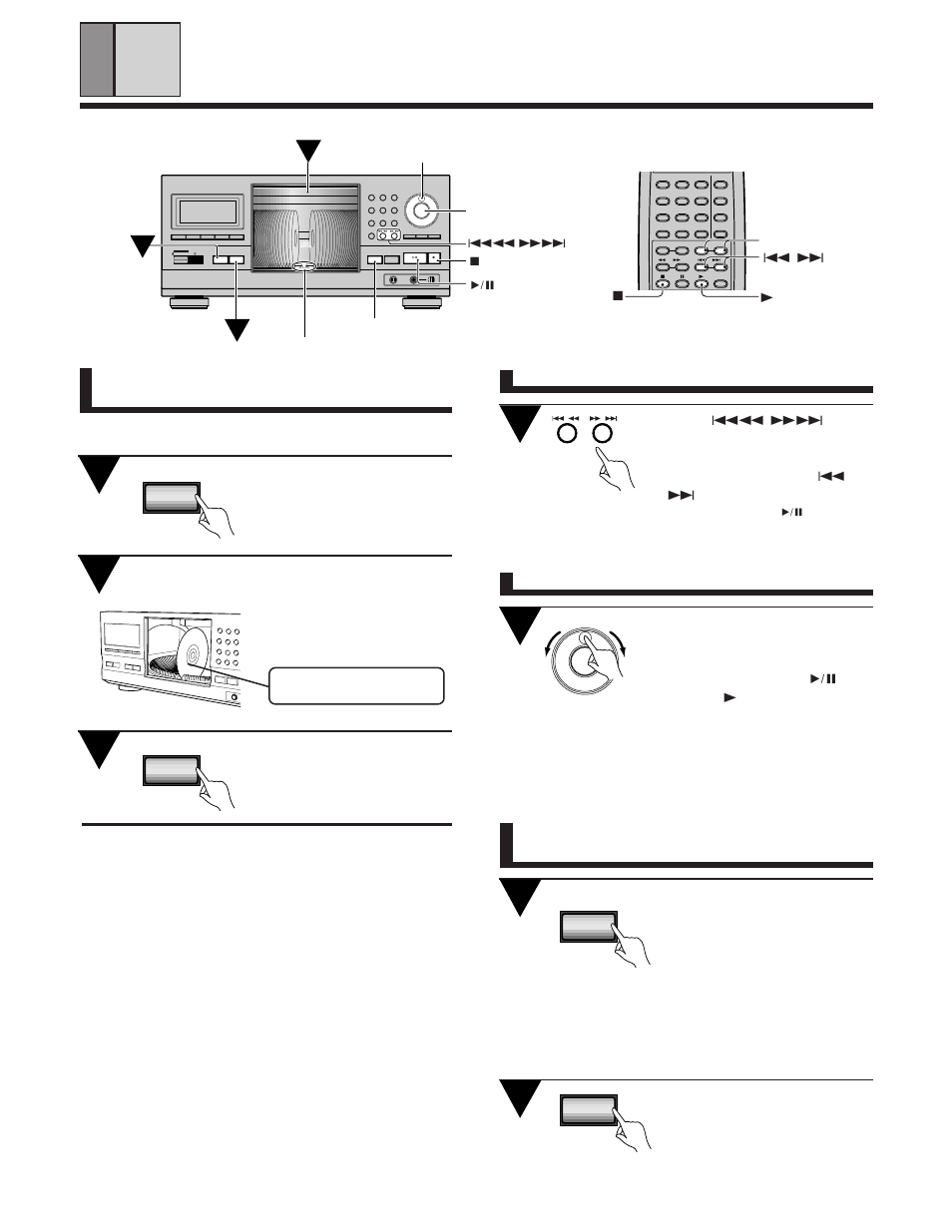 Playing a disc that is not loaded in the rack, Opening or closing the hood during playback, Basic operations | Open/close single loader slot, Press single loader access, Press single loader play, Jog dial, Mode disc/ chara direct custom push enter, Clear program random chara time, Title search input display | Pioneer PD-F1039 User Manual | Page 12 / 28