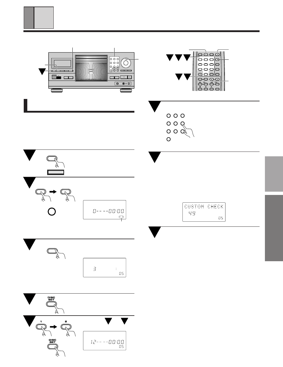 Various operations, Time/chara, Direct custom buttons | Checking the numbers of the stored discs, Mode disc/ chara direct custom push enter, Clear program random chara time, Title search input display, Phones level min max keybord input direct custom, Press direct custom buttons | Pioneer PD-F1039 User Manual | Page 13 / 28
