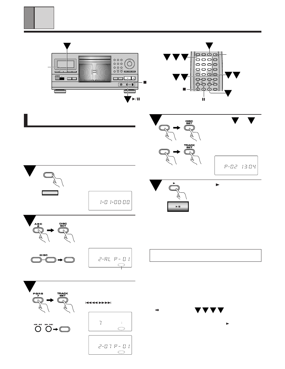 To program tracks/discs in a desired order, Press pgm during stop mode, Various operations | Clear 7 clear, Press 3, Programming during normal playback, Mode disc/ chara direct custom push enter, Clear program random chara time, Title search input display, Phones level min max keybord input | Pioneer PD-F1039 User Manual | Page 16 / 28
