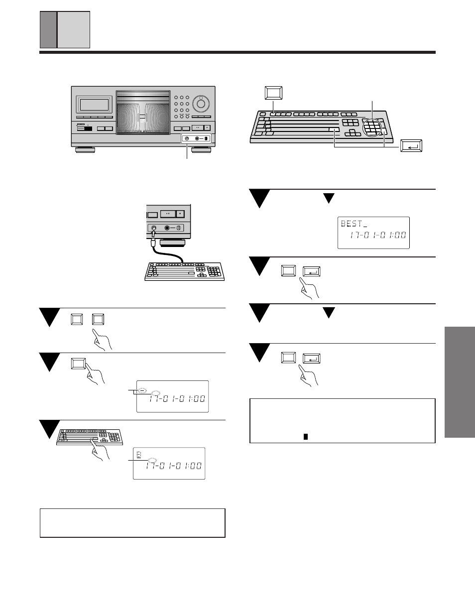 Digit keys, Various operations, Pc keyboard connection terminal | Enter characters using the keyboard, Min max, Mode disc/ chara direct custom push enter, Clear program random chara time, Title search input display | Pioneer PD-F1039 User Manual | Page 21 / 28