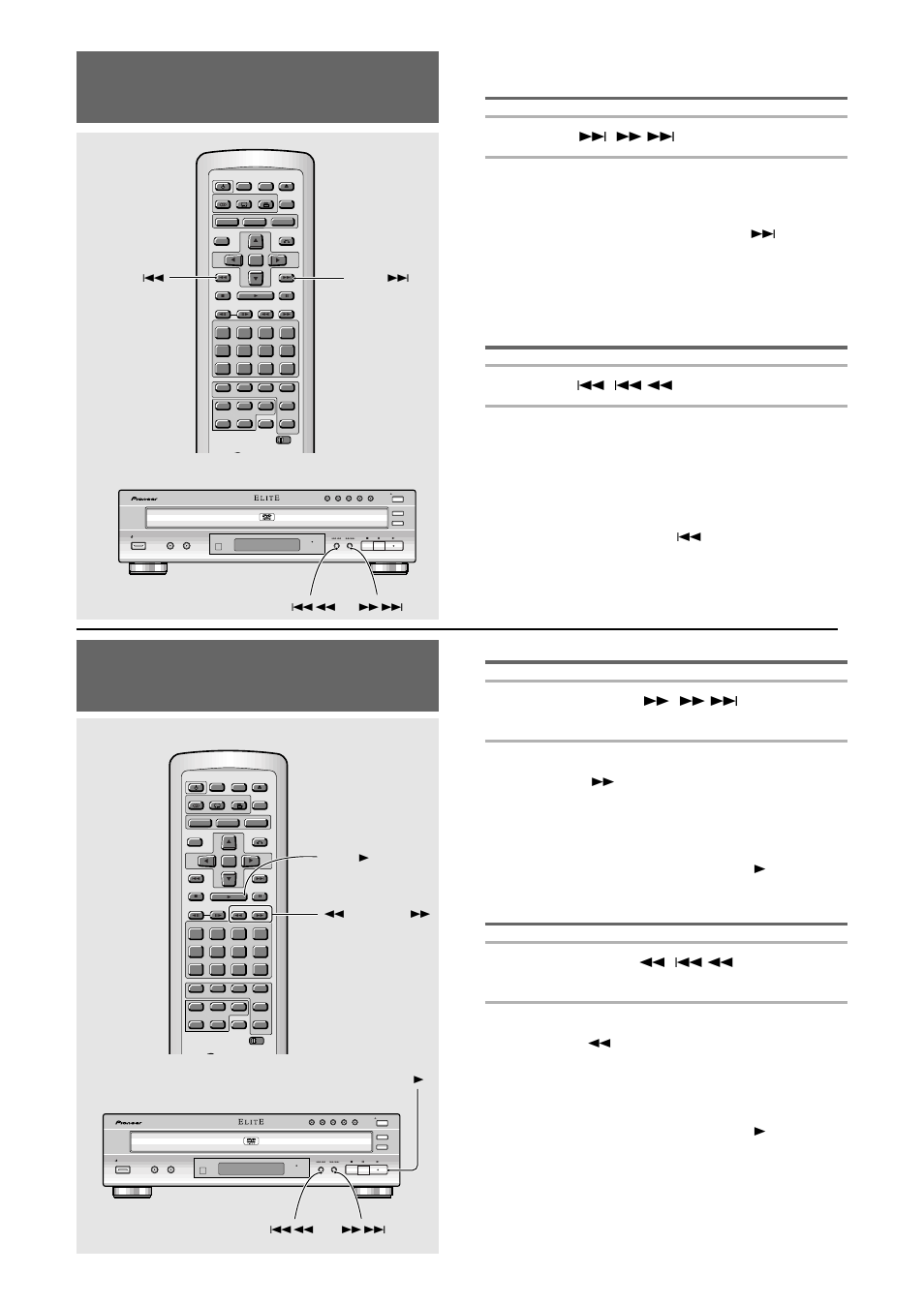 Chapter (track) skip forward/ skip back, Forward and reverse scanning, 24 advancing to the next chapter (track) | Skipping back to the previous chapter (track), Fast forward scanning, Fast reverse scanning, Press next ¢ ( ¡ ¢ on the front panel), Press prev 4 ( 4 1 on the front panel), Dvd/video cd/cd, Dvd player dvd standby/on cd mode fl dimmer | Pioneer DV-C36 User Manual | Page 24 / 64