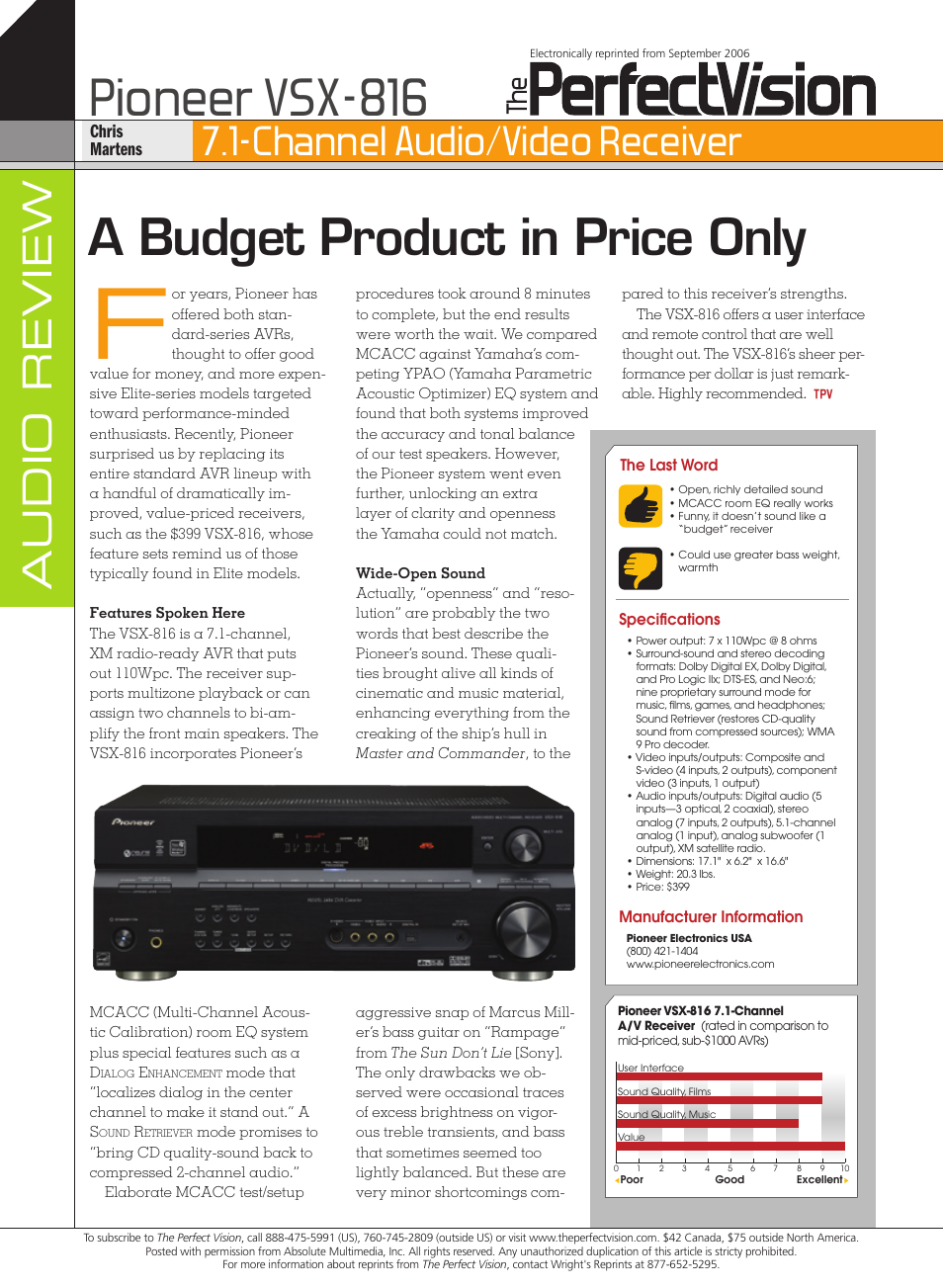 Pioneer THE PERFECT VISION VSX-816 User Manual | 1 page