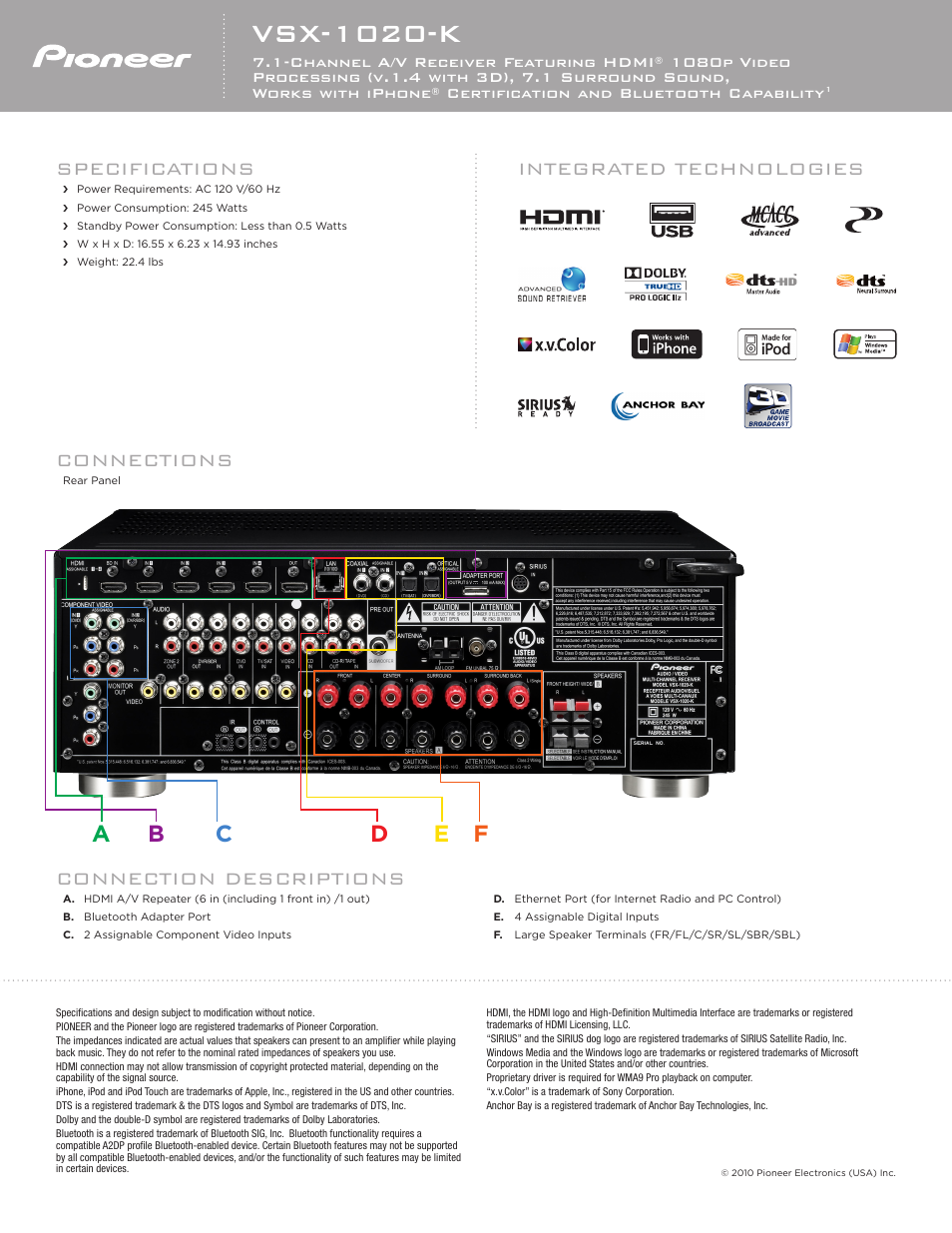 Vsx-1020-k, Connections, Specifications | Integrated technologies, Connection descriptions | Pioneer VSX-1020-K User Manual | Page 2 / 2