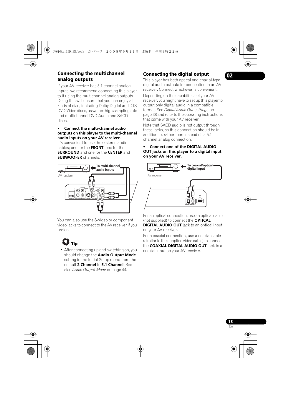 Connecting the multichannel analog outputs, Connecting the digital output | Pioneer DV-610AV-K User Manual | Page 13 / 62