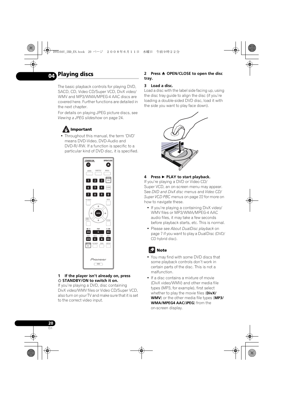 Playing discs | Pioneer DV-610AV-K User Manual | Page 20 / 62