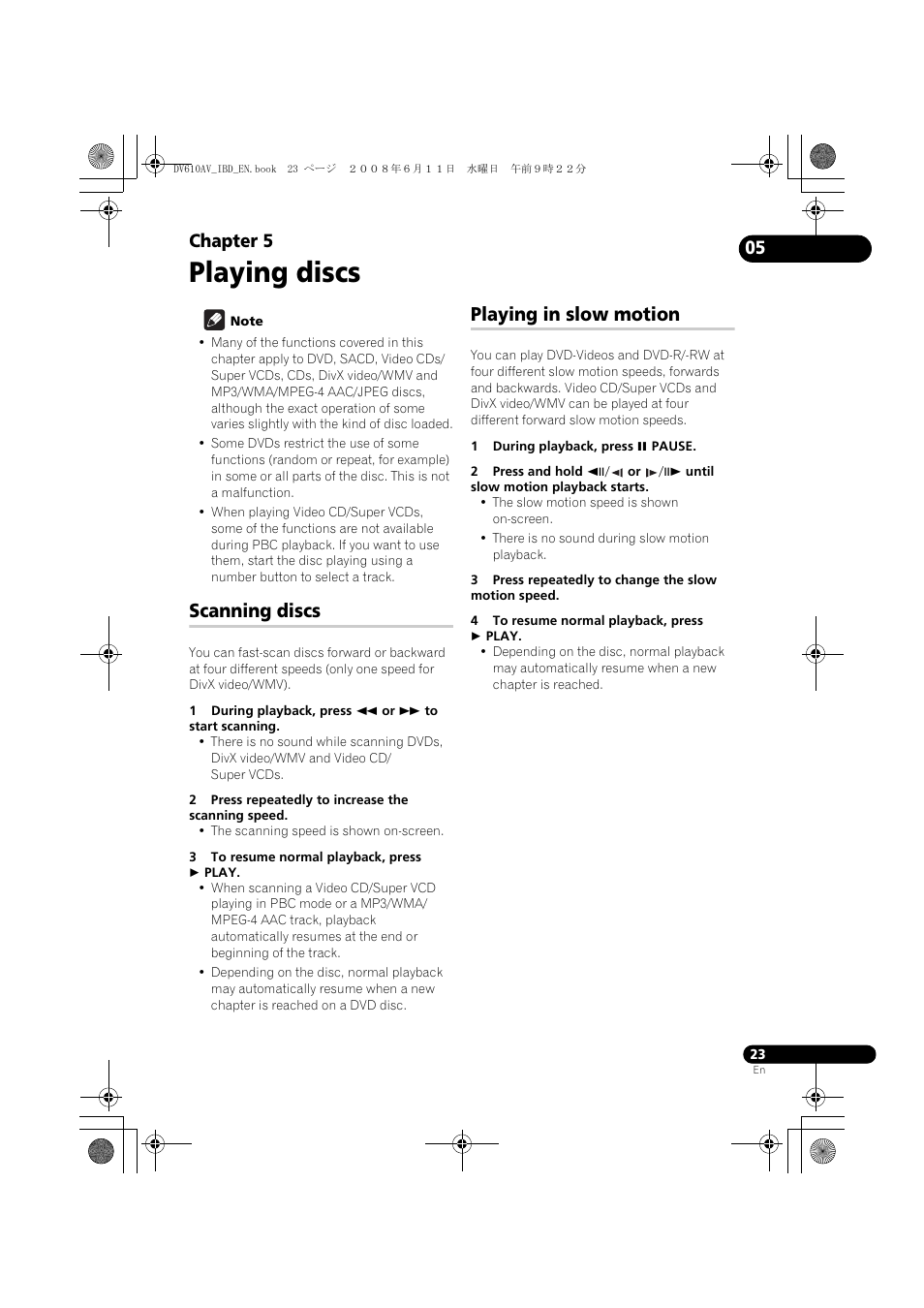 Scanning discs, Playing in slow motion, Playing discs | Chapter 5 | Pioneer DV-610AV-K User Manual | Page 23 / 62