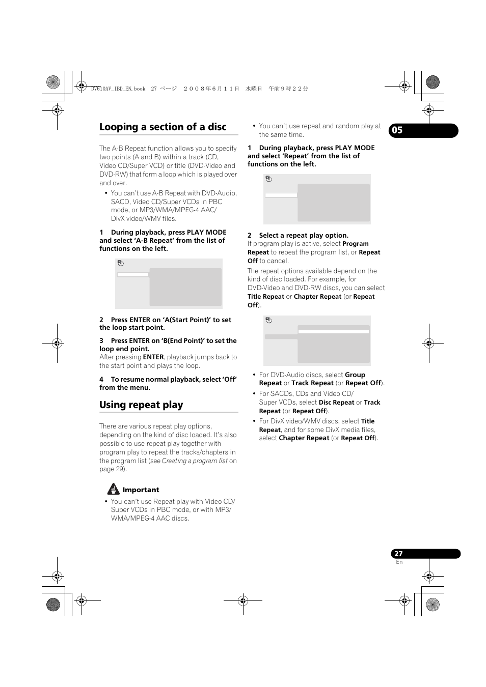 Looping a section of a disc, Using repeat play | Pioneer DV-610AV-K User Manual | Page 27 / 62