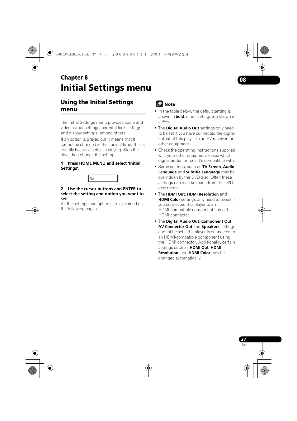 Using the initial settings menu, Initial settings menu, Chapter 8 | Pioneer DV-610AV-K User Manual | Page 37 / 62