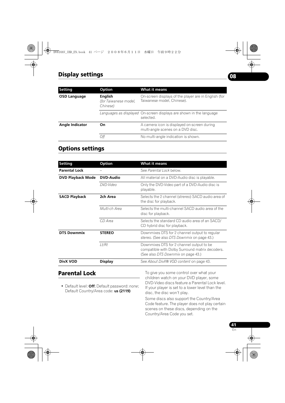 Display settings, Options settings, Parental lock | Display settings options settings parental lock | Pioneer DV-610AV-K User Manual | Page 41 / 62