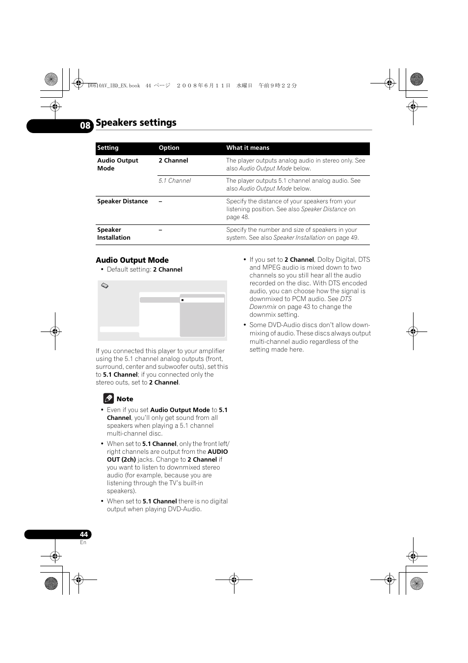 Speakers settings | Pioneer DV-610AV-K User Manual | Page 44 / 62