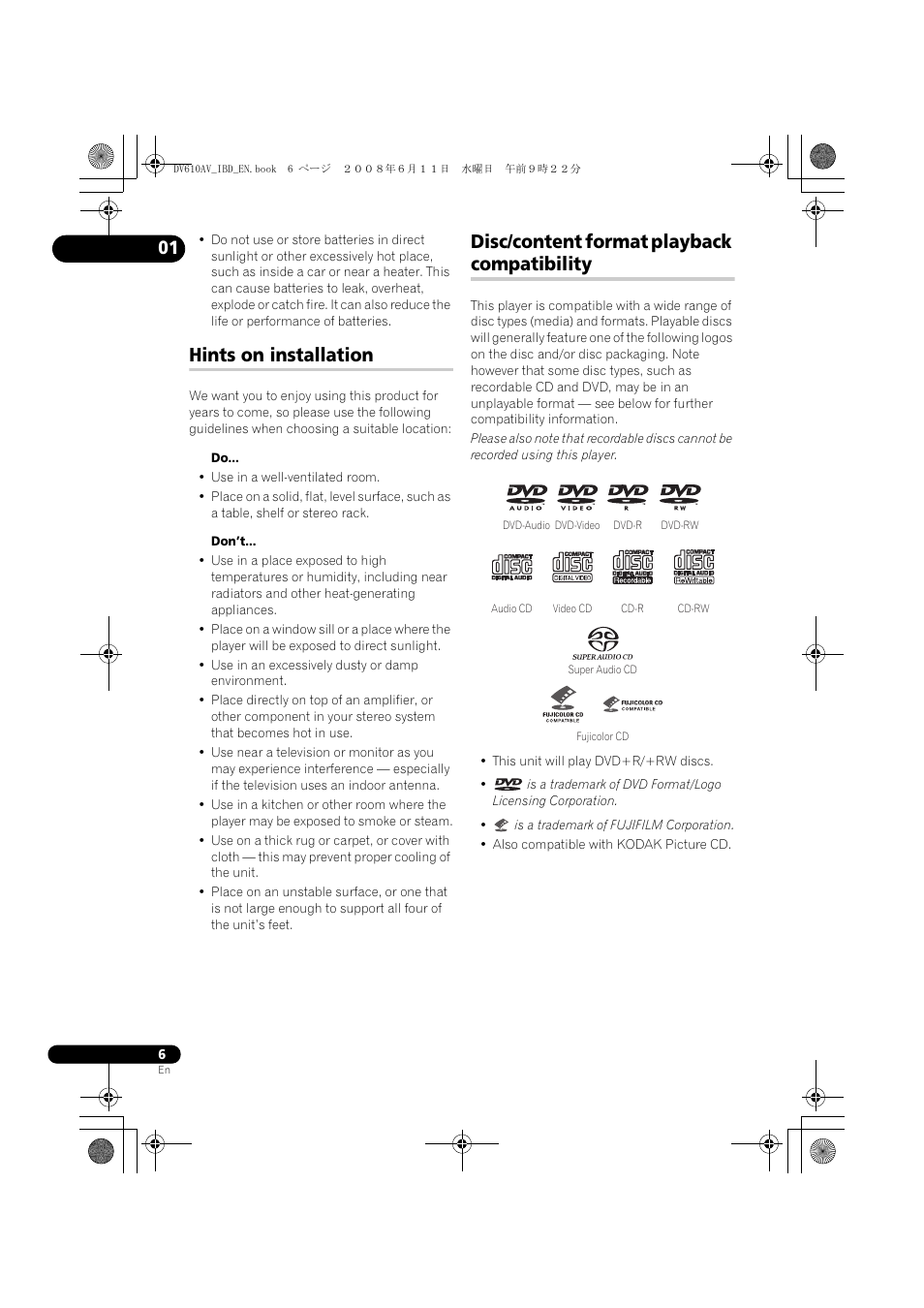 Hints on installation, Disc/content format playback compatibility | Pioneer DV-610AV-K User Manual | Page 6 / 62