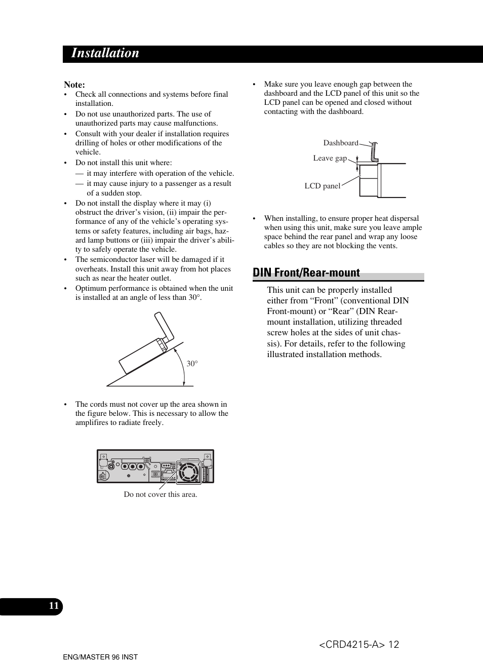 Installation, Din front/rear-mount | Pioneer Super Tuner III D AVH-P5950DVD User Manual | Page 12 / 44
