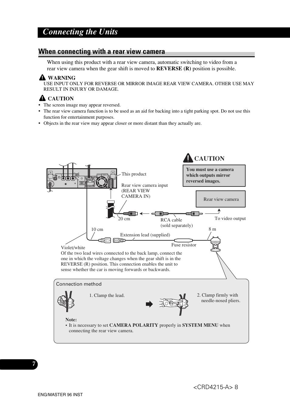 Connecting the units, When connecting with a rear view camera, Caution | Pioneer Super Tuner III D AVH-P5950DVD User Manual | Page 8 / 44