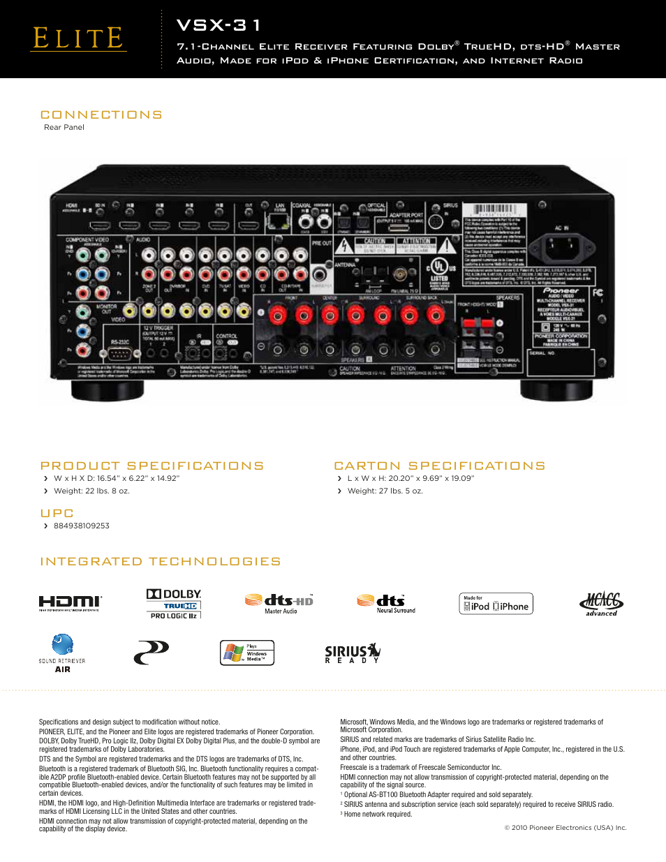 Vsx-31, Integrated technologies product specifications, Carton specifications | Connections, Channel elite receiver featuring dolby, Truehd, dts-hd | Pioneer Elite VSX-31 User Manual | Page 2 / 2