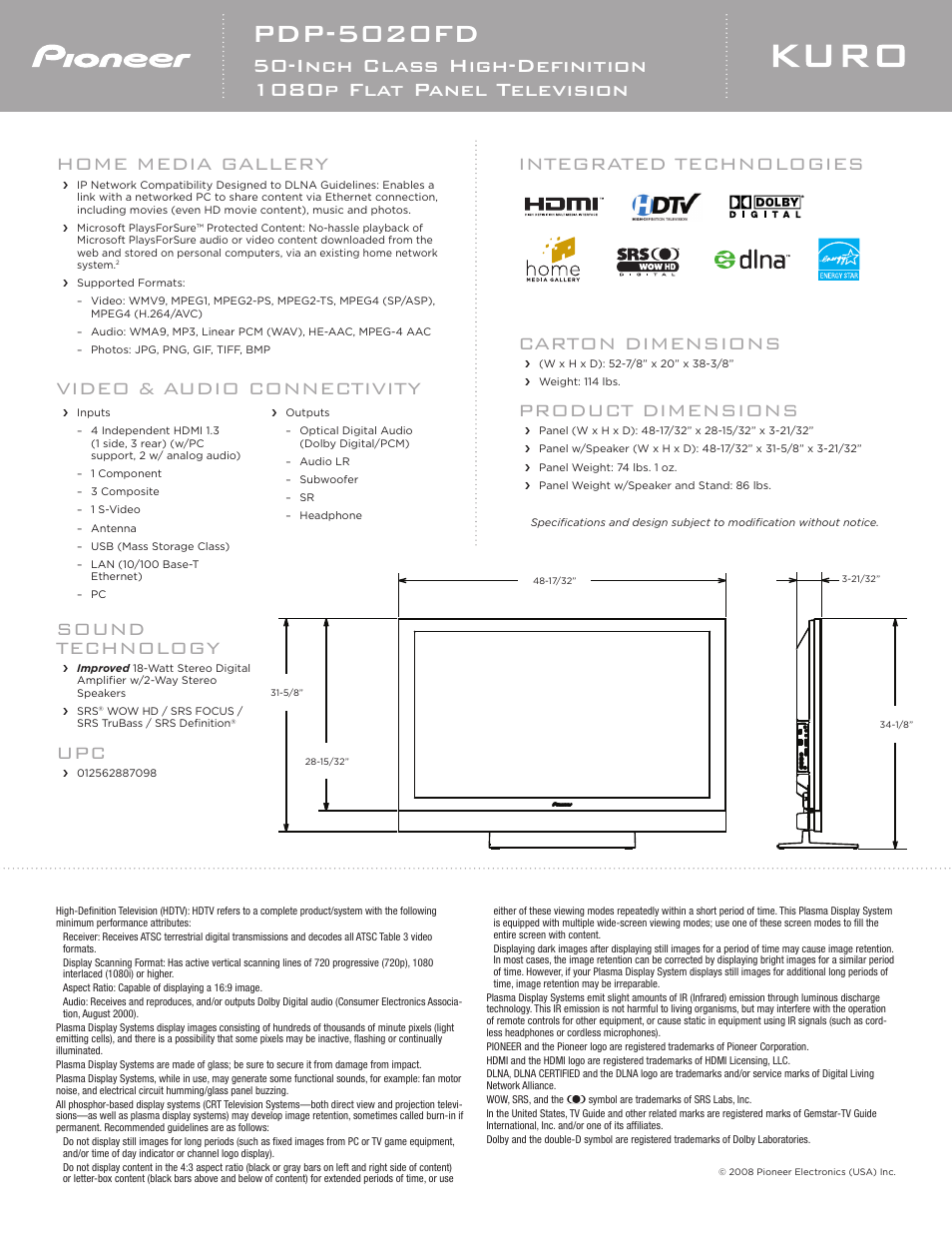Pdp-5020fd, Carton dimensions, Product dimensions | Integrated technologies, Sound technology, Home media gallery, Video & audio connectivity | Pioneer KURO PDP 5020FD User Manual | Page 2 / 2