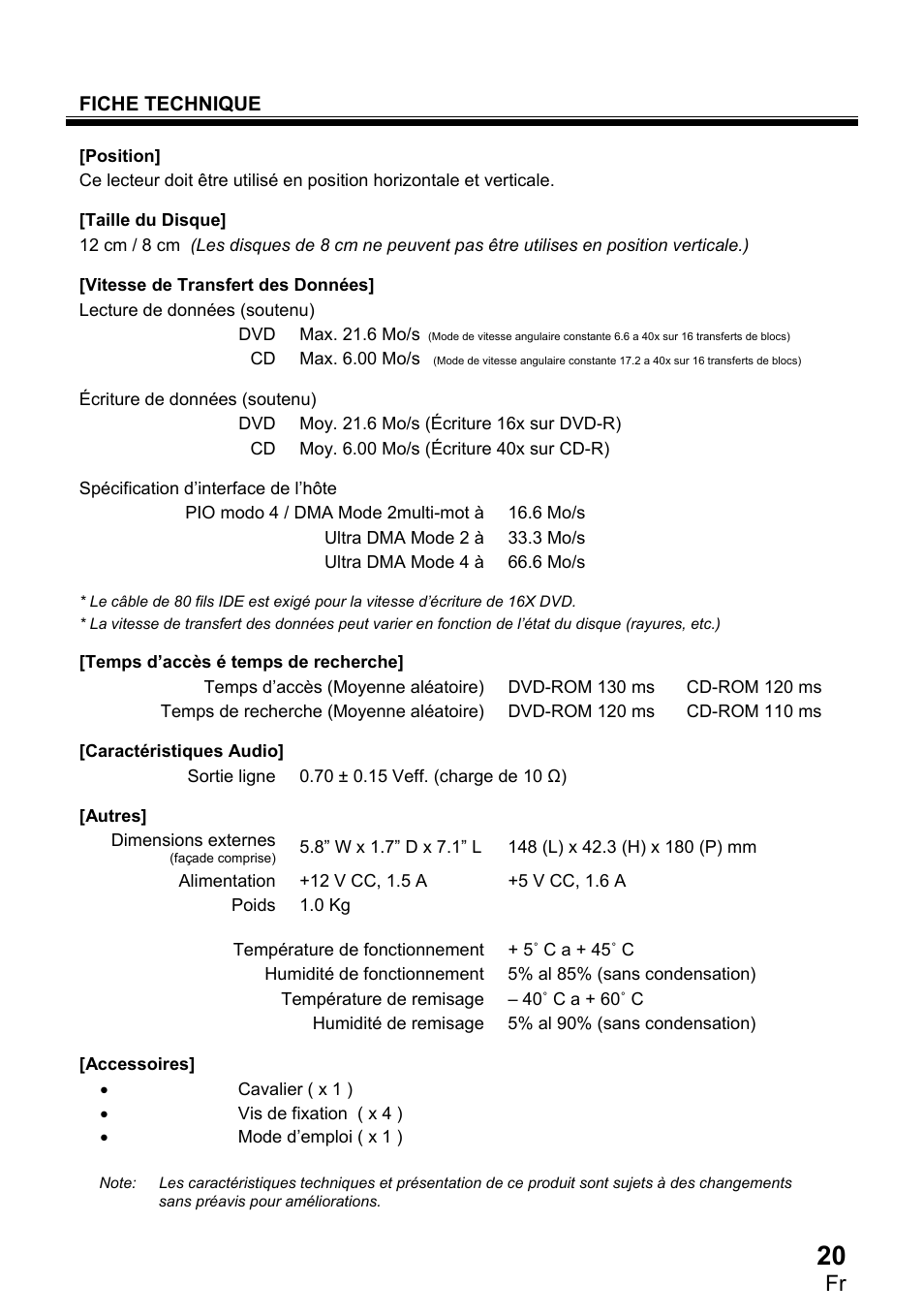 Fiche technique | Pioneer DVR1910LS User Manual | Page 21 / 32