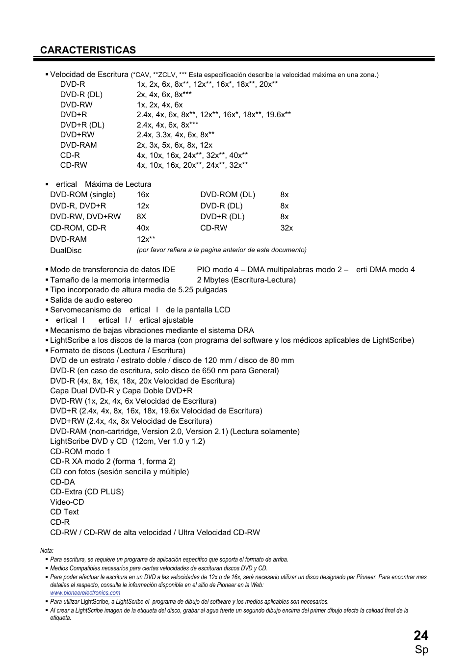 Caracteristicas | Pioneer DVR1910LS User Manual | Page 25 / 32