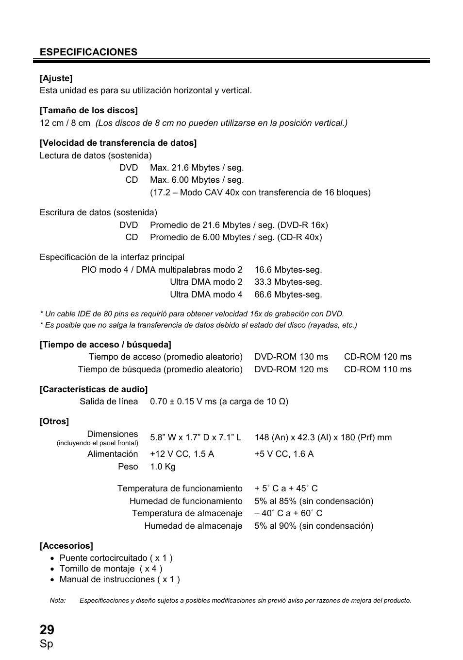 Especificaciones | Pioneer DVR1910LS User Manual | Page 30 / 32