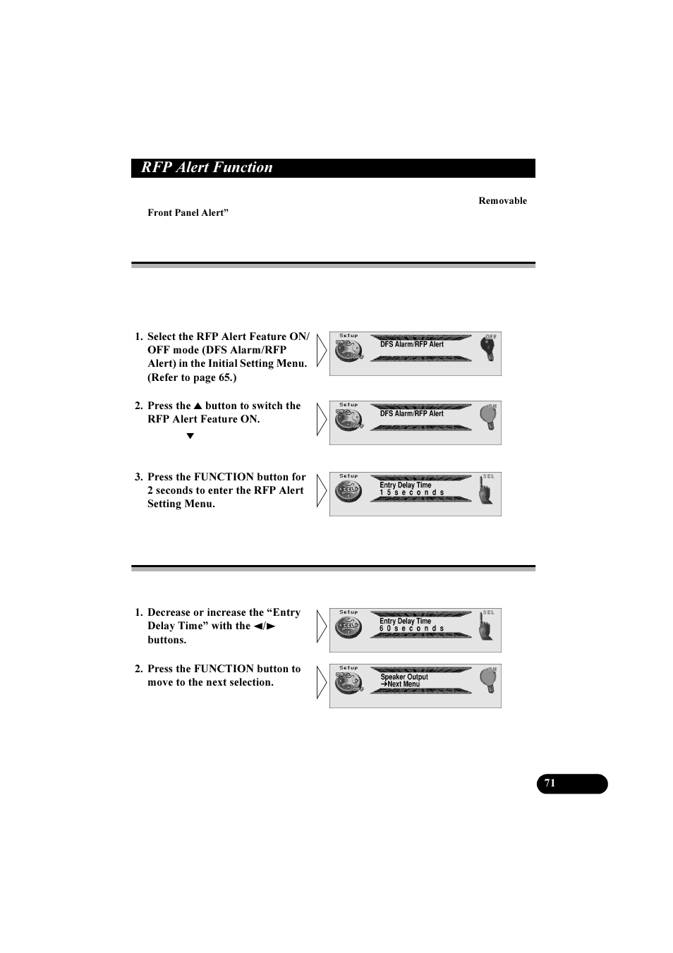 5)3 $ohuw )xqfwlrq, Activating the rfp alert feature, Setting entry delay time | Pioneer DEH-P8100R User Manual | Page 71 / 82