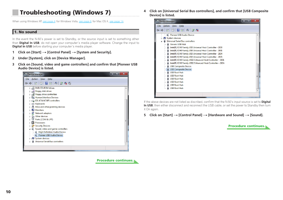 Troubleshooting (windows 7) | Pioneer Driver Software For USB D/A Converter Functionality N-50 User Manual | Page 10 / 16