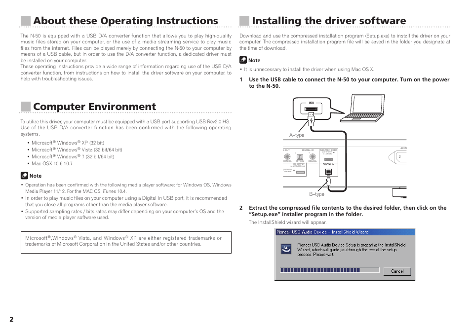 About these operating instructions, Computer environment, Installing the driver software | Pioneer Driver Software For USB D/A Converter Functionality N-50 User Manual | Page 2 / 16