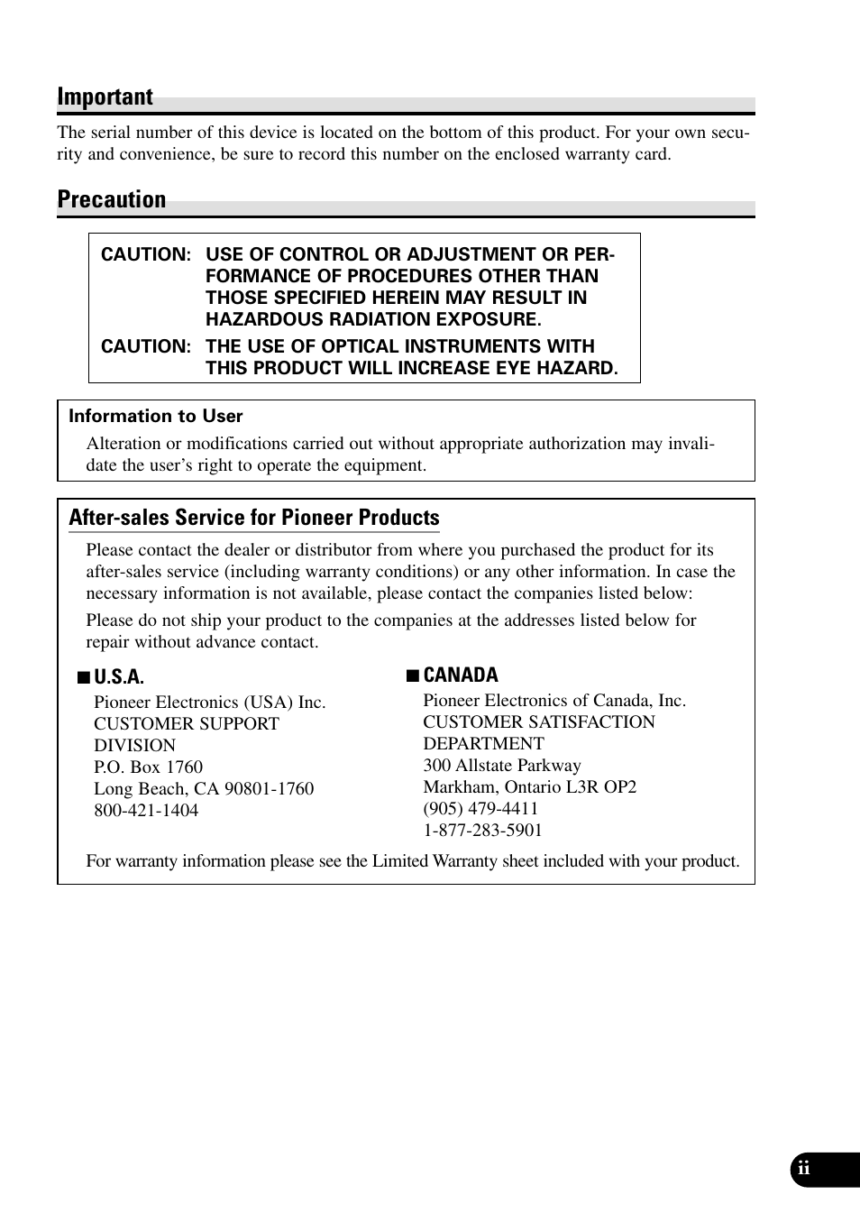 Important, Precaution, After-sales service for pioneer products | Pioneer XDV-P90 User Manual | Page 3 / 84