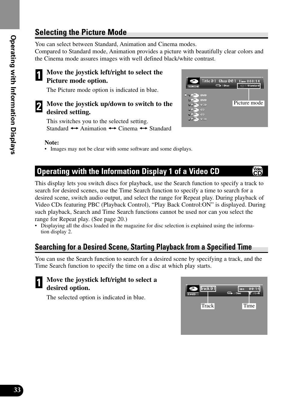 Operating with the information, Display 1 of a video cd, Selecting repeat range | Selecting audio output, Selecting the picture mode | Pioneer XDV-P90 User Manual | Page 36 / 84