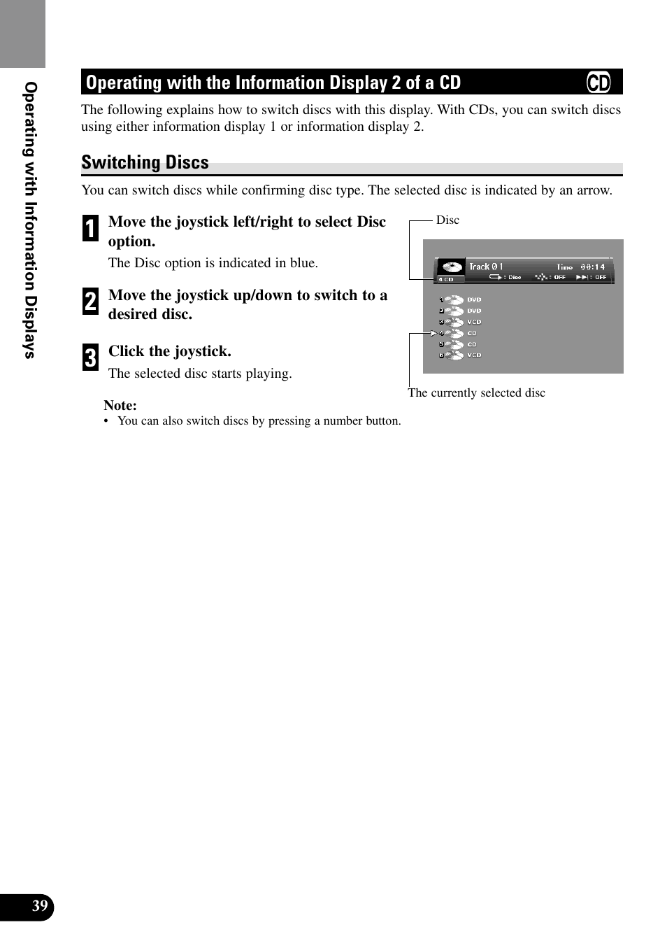 Operating with the information, Display 2 of a cd, Switching discs | Pioneer XDV-P90 User Manual | Page 42 / 84