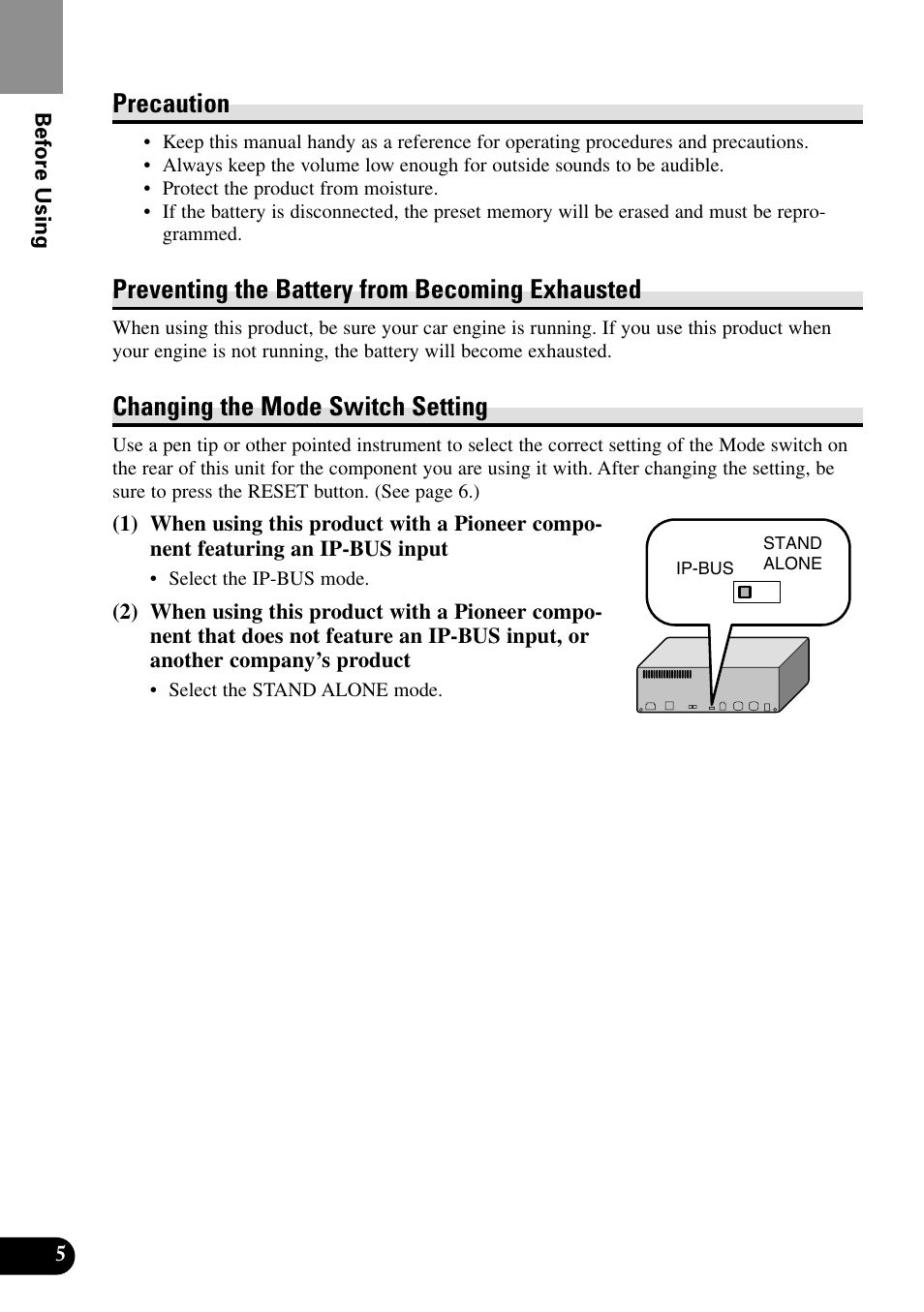 Precaution, Preventing the battery from becoming exhausted, Changing the mode switch setting | Pioneer XDV-P90 User Manual | Page 8 / 84