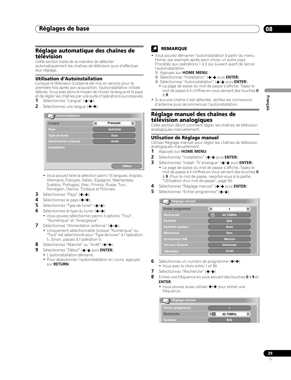 08 réglages de base, Réglage automatique des chaînes de télévision, Utilisation d’autoinstallation | Utlisation de réglage manuel, Réglages de base 08, Réglages de base | Pioneer PDP-507XD User Manual | Page 101 / 219
