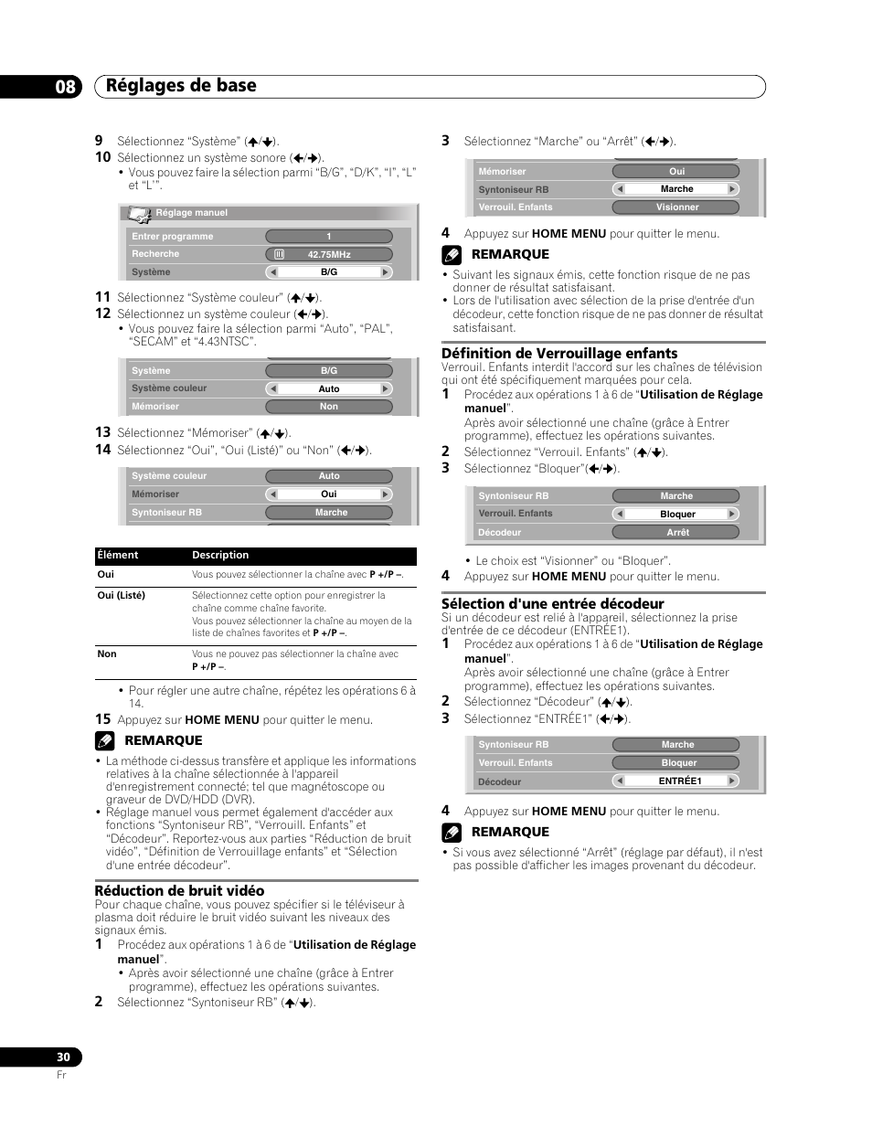 Réglages de base 08, Réduction de bruit vidéo, Définition de verrouillage enfants | Sélection d'une entrée décodeur | Pioneer PDP-507XD User Manual | Page 102 / 219