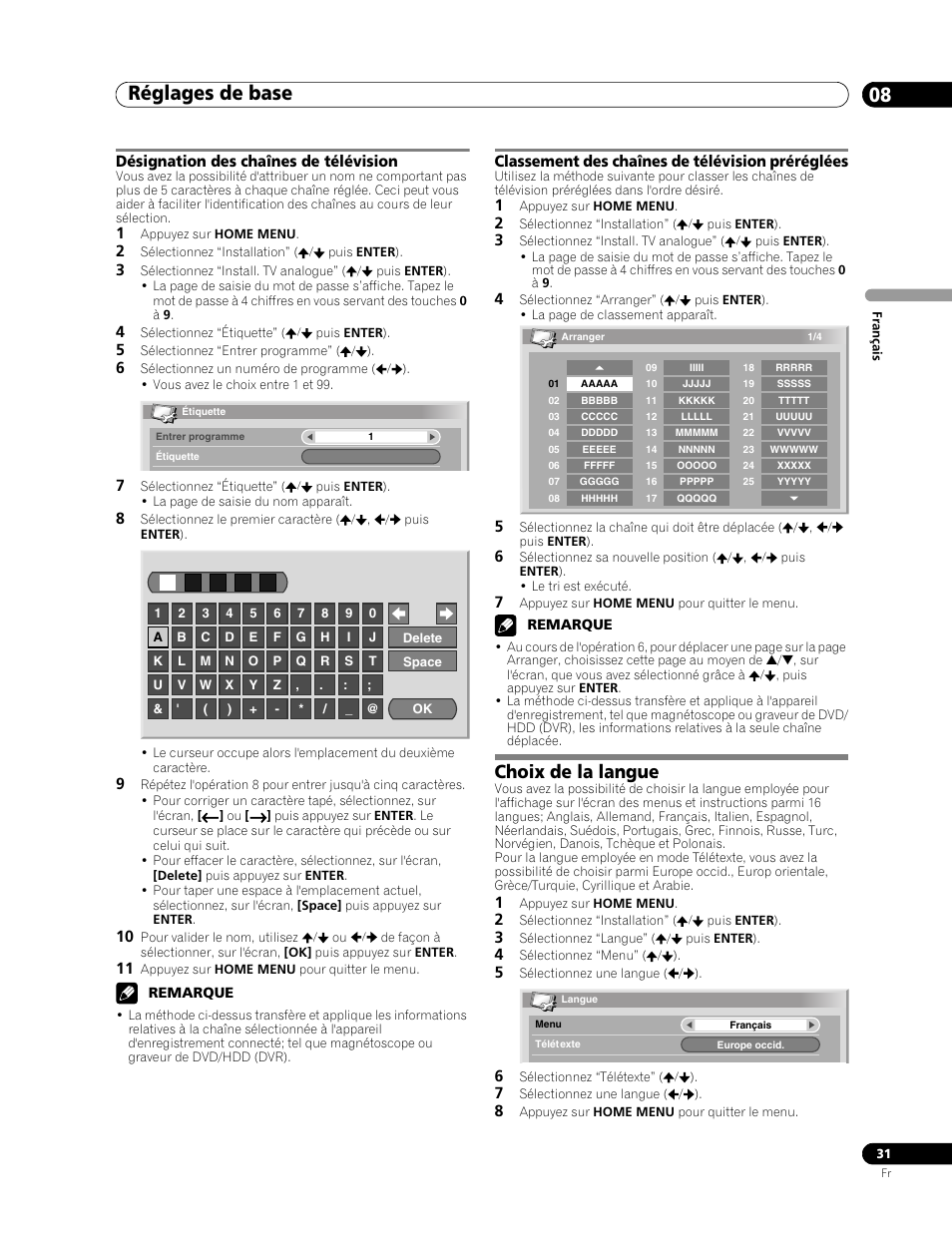 Choix de la langue, Réglages de base 08 | Pioneer PDP-507XD User Manual | Page 103 / 219