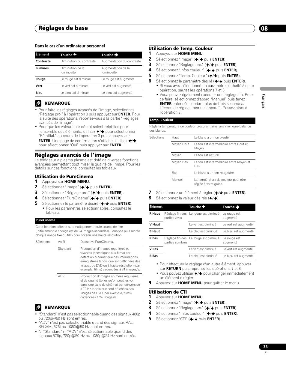 Réglages avancés de l’image, Réglages de base 08, Utilisation de purecinema 1 | Utilisation de temp. couleur 1, Utilisation de cti 1 | Pioneer PDP-507XD User Manual | Page 105 / 219