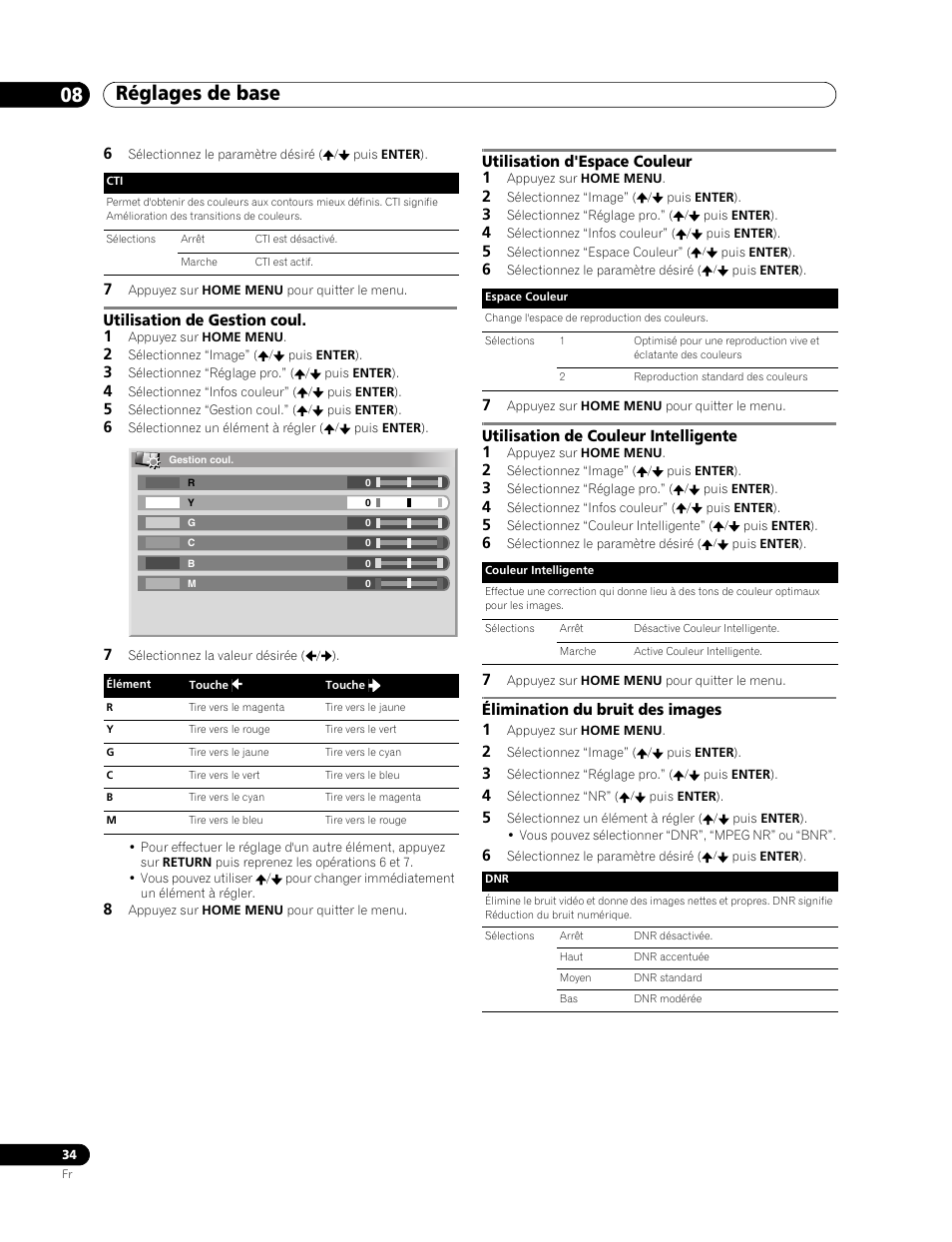 Réglages de base 08, Utilisation de gestion coul. 1, Utilisation d'espace couleur 1 | Utilisation de couleur intelligente 1, Élimination du bruit des images 1 | Pioneer PDP-507XD User Manual | Page 106 / 219