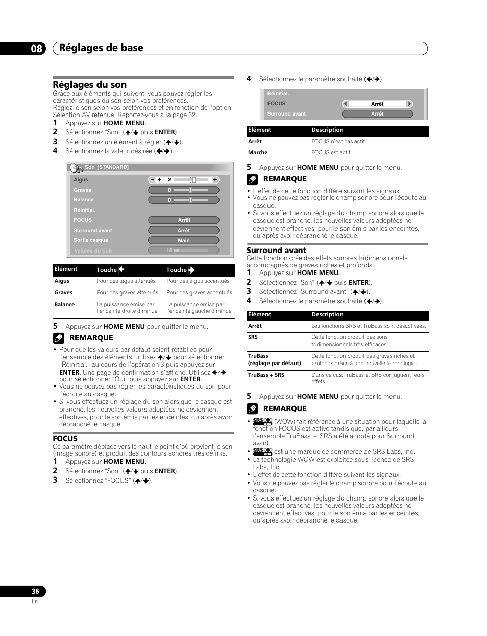 Réglages du son, Focus surround avant, Réglages de base 08 | Focus, Surround avant | Pioneer PDP-507XD User Manual | Page 108 / 219