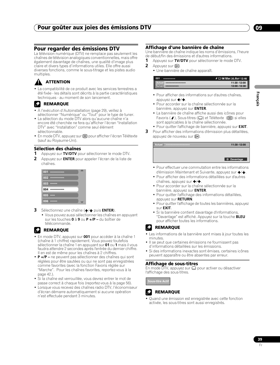 09 pour goûter aux joies des émissions dtv, Pour regarder des émissions dtv, Pour goûter aux joies des émissions dtv 09 | Pour goûter aux joies des émissions dtv, Sélection des chaînes 1, Affichage d’une bannière de chaîne, Affichage de sous-titres | Pioneer PDP-507XD User Manual | Page 111 / 219